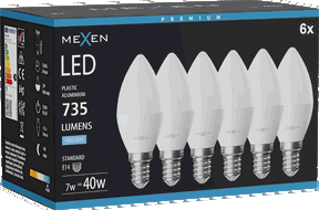 Mexen Nova 6x LED spuldze E14, C37, 7W, Auksts - 6500K, 735 lm - L102-E14-0765-01x06