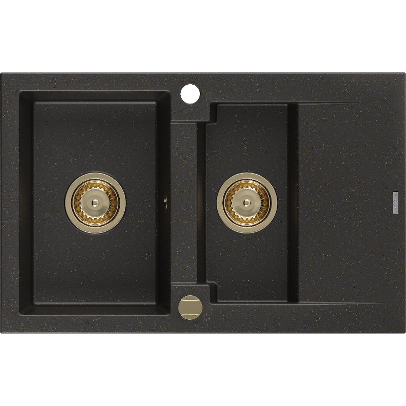 Mexen Gaspar 1,5-Kammer-Granitespüle mit Abtropffläche 737 x 475 mm, schwarz/gold metallic, goldener Siphon - 6507731505-75-G