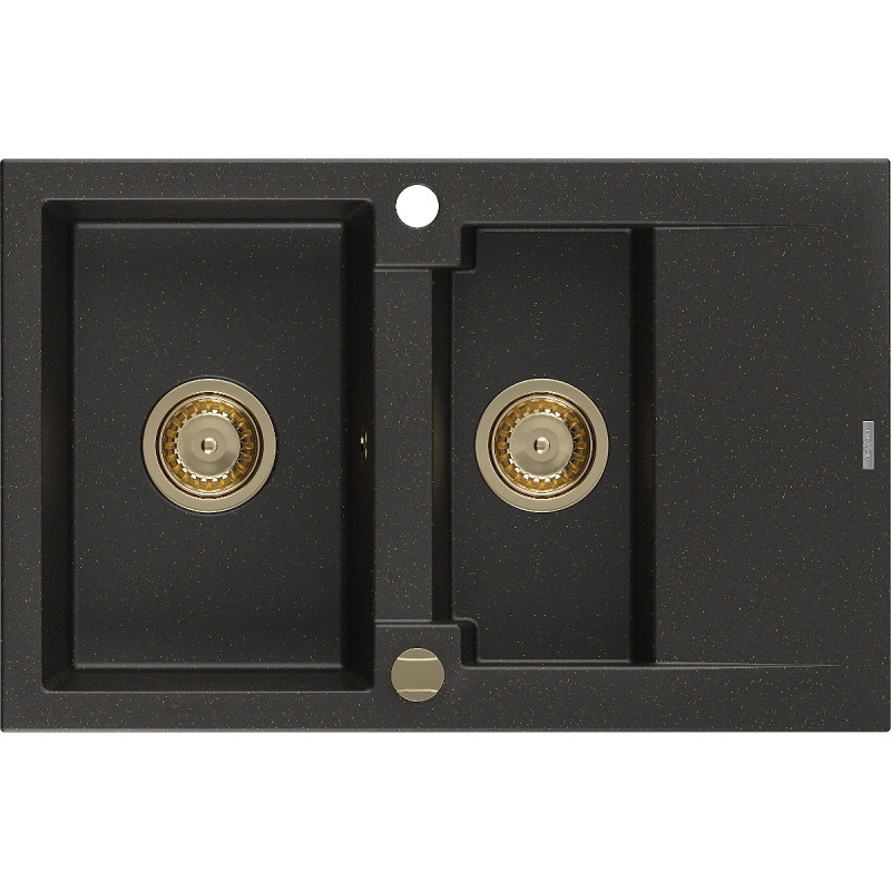 Mexen Gaspar évier en granit 1,5 bac avec égouttoir 737 x 475 mm, noir/or métallique, siphon doré - 6507731505-75-G