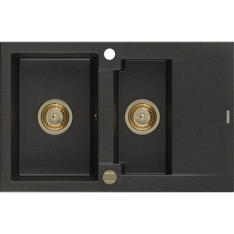 Mexen Gaspar granit gootsteen 1,5-komorige met afdruiprek 737 x 475 mm, zwart/goud metallic, gouden sifon - 6507731505-75-G