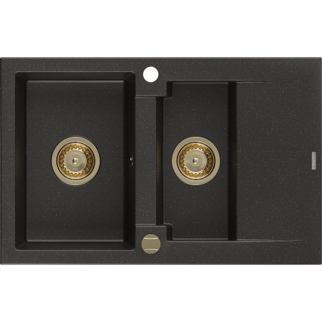 Mexen Gaspar Granitspüle, 1,5 Becken mit Abtropffläche, 737 x 475 mm, schwarz/goldener Metallic, goldener Siphon - 6507731505-7?