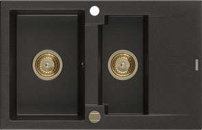 Mexen Gaspar granite sink 1.5-bowl with drainer 737 x 475 mm, black/gold metallic, gold siphon - 6507731505-75-G