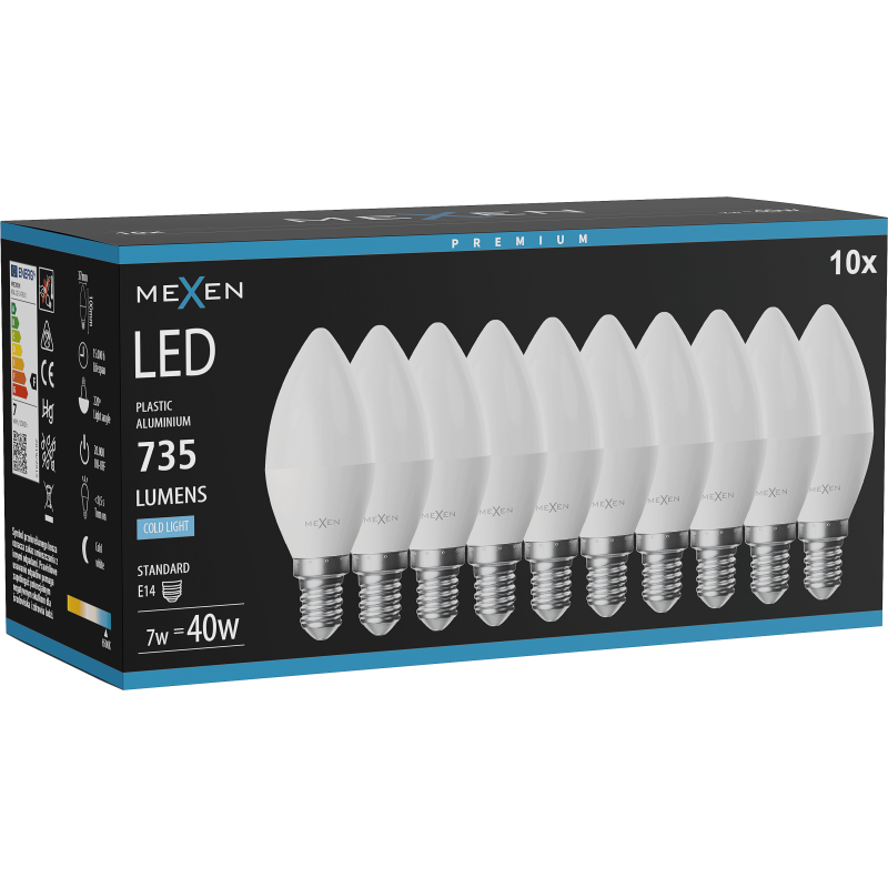 Mexen Nova 10x żarówka LED E14, C37, 7W, Zimna - 6500K, 735 lm - L102-E14-0765-01x10