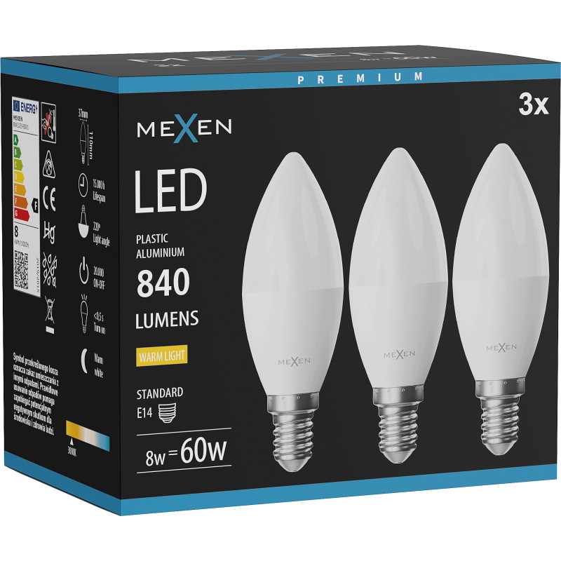 Mexen Nova 3x Bombilla LED E14, C37, 8W, Cálida - 3000K, 840 lm - L102-E14-0830-01x03