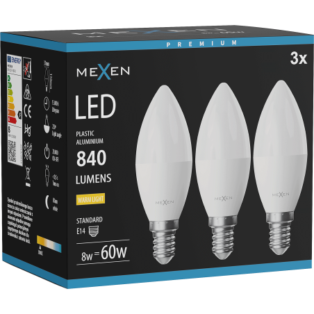 Mexen Nova 3x Bombilla LED E14, C37, 8W, Cálida - 3000K, 840 lm - L102-E14-0830-01x03