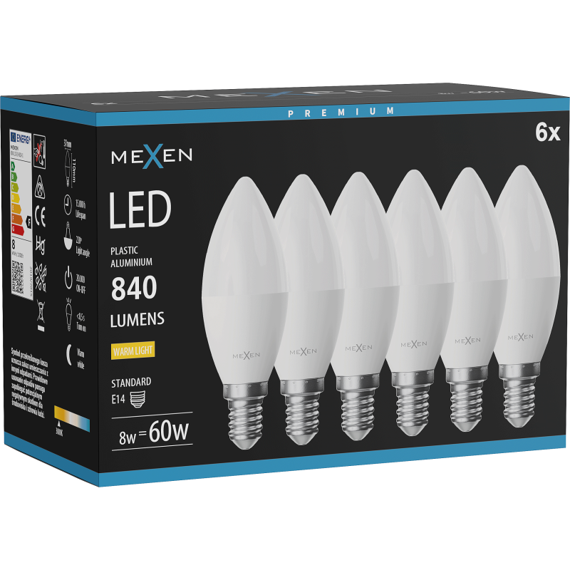 Mexen Nova 6x Ampoule LED E14, C37, 8W, Chaude - 3000K, 840 lm - L102-E14-0830-01x06