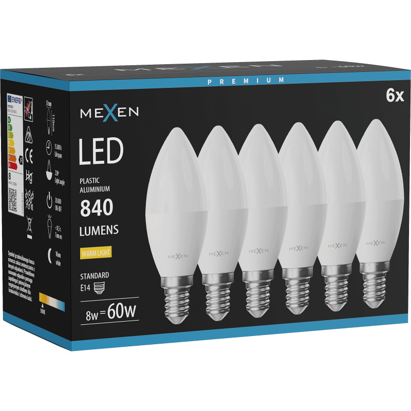 Mexen Nova 6x LED-lampa E14, C37, 8W, Varm - 3000K, 840 lm - L102-E14-0830-01x06