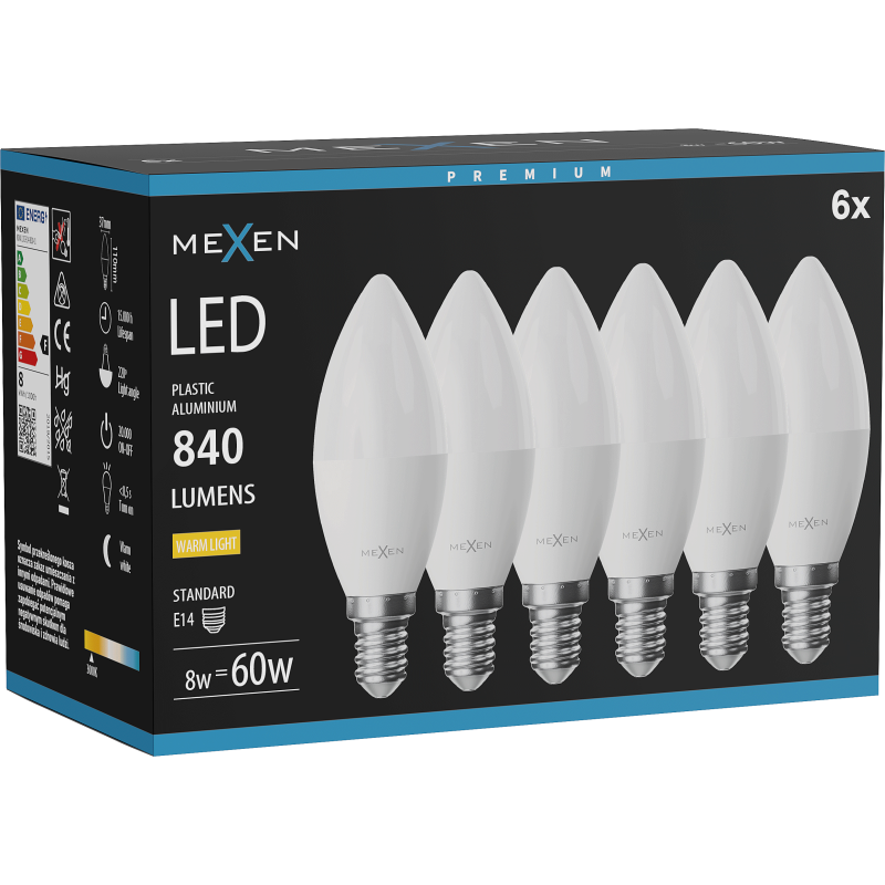 Mexen Nova 6x LED spuldze E14, C37, 8W, Silta - 3000K, 840 lm - L102-E14-0830-01x06