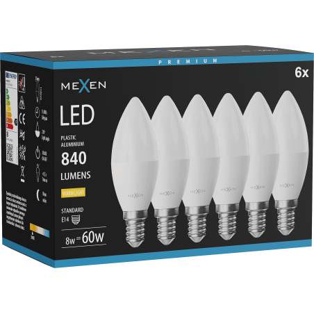 Mexen Nova 6x Bombilla LED E14, C37, 8W, Cálida - 3000K, 840 lm - L102-E14-0830-01x06