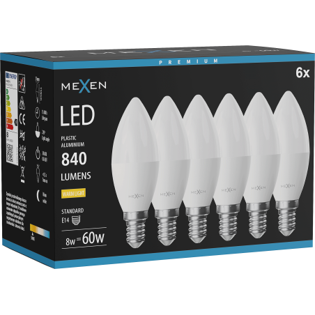 Mexen Nova 6x LED-Glühbirne E14, C37, 8W, Warm - 3000K, 840 lm - L102-E14-0830-01x06