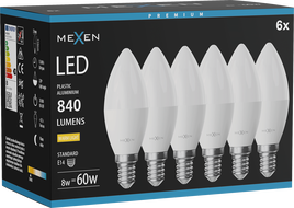 Mexen Nova 6x LED-lamp E14, C37, 8W, Warm - 3000K, 840 lm - L102-E14-0830-01x06