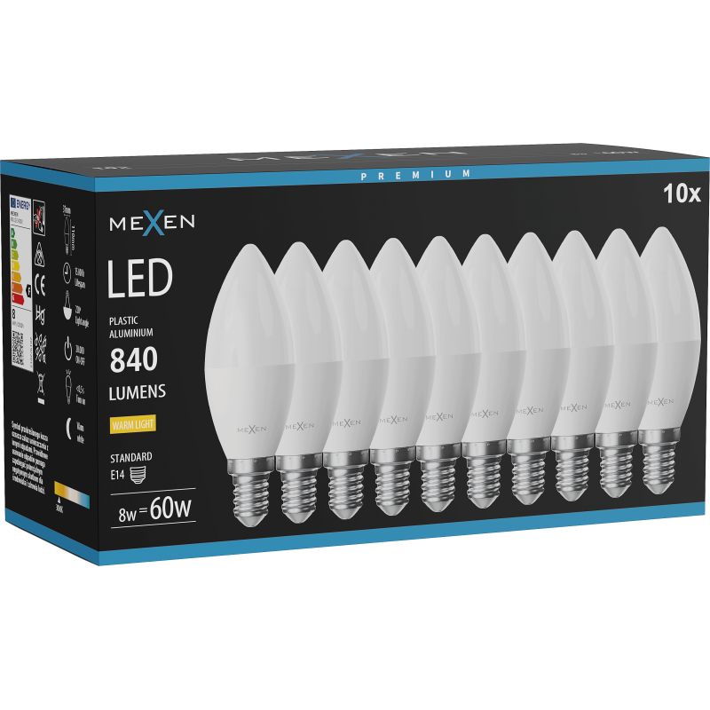 Mexen Nova 10x LED-lamp E14, C37, 8W, Warm - 3000K, 840 lm - L102-E14-0830-01x10