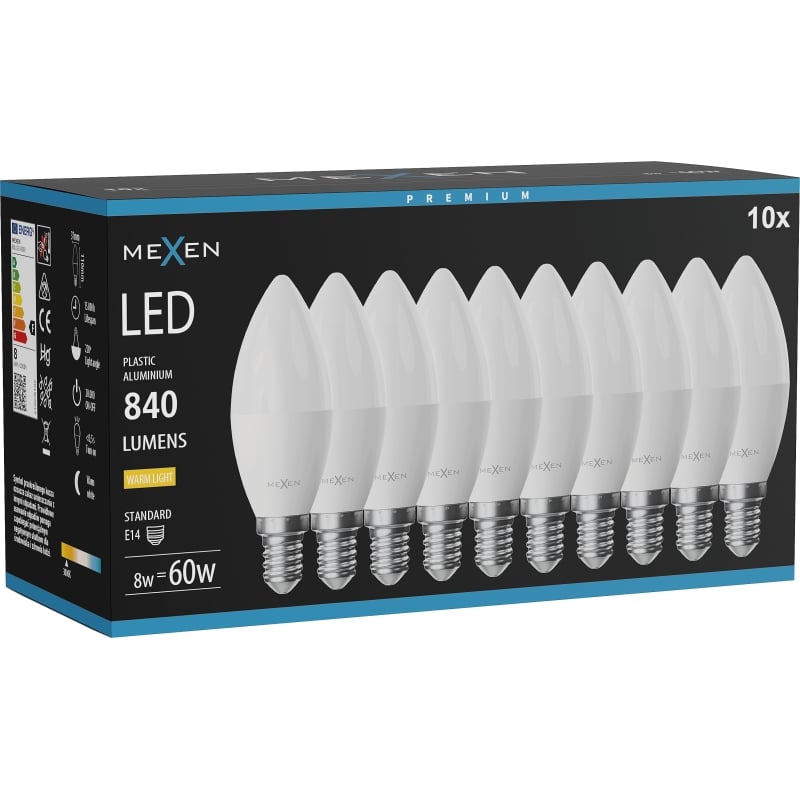 Mexen Nova 10x LED-lampa E14, C37, 8W, Varm - 3000K, 840 lm - L102-E14-0830-01x10