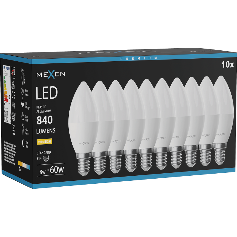 Mexen Nova 10x żarówka LED E14, C37, 8W, Ciepła - 3000K, 840 lm - L102-E14-0830-01x10