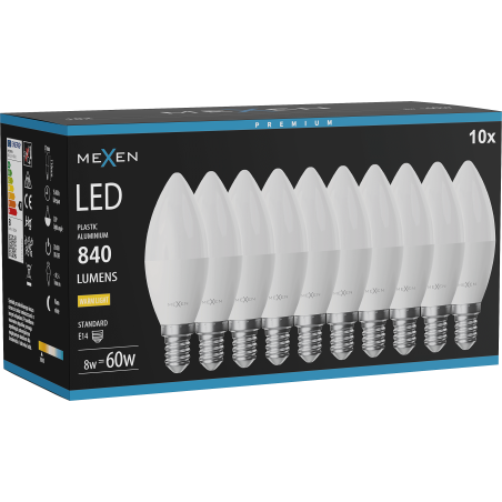 Mexen Nova 10x LED-Glühbirne E14, C37, 8W, Warm - 3000K, 840 lm - L102-E14-0830-01x10
