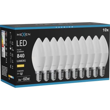 Mexen Nova 10x LED spuldze E14, C37, 8W, Silti - 3000K, 840 lm - L102-E14-0830-01x10
