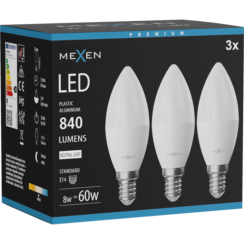 Mexen Nova 3x żarówka LED E14, C37, 8W, Neutralna - 4000K, 840 lm - L102-E14-0840-01x03