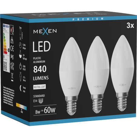 Mexen Nova 3x Bombilla LED E14, C37, 8W, Neutra - 4000K, 840 lm - L102-E14-0840-01x03