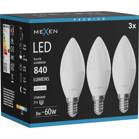 Mexen Nova 3x LED-Glühbirne E14, C37, 8W, Neutral - 4000K, 840 lm - L102-E14-0840-01x03