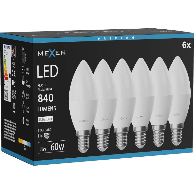 Mexen Nova 6x Bombilla LED E14, C37, 8W, Neutra - 4000K, 840 lm - L102-E14-0840-01x06