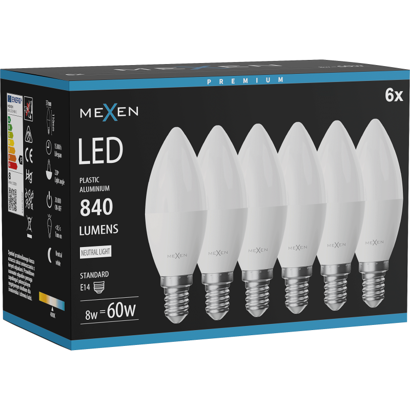 Mexen Nova 6x LED-Glühbirne E14, C37, 8W, Neutral - 4000K, 840 lm - L102-E14-0840-01x06