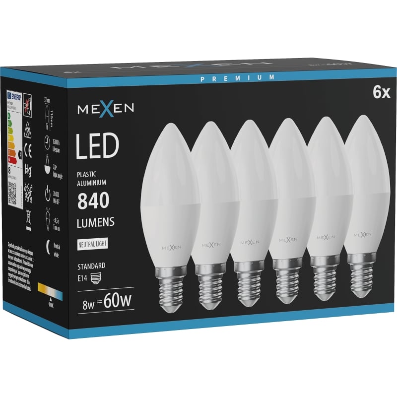 Mexen Nova 6x LED žarulja E14, C37, 8W, Neutralna - 4000K, 840 lm - L102-E14-0840-01x06