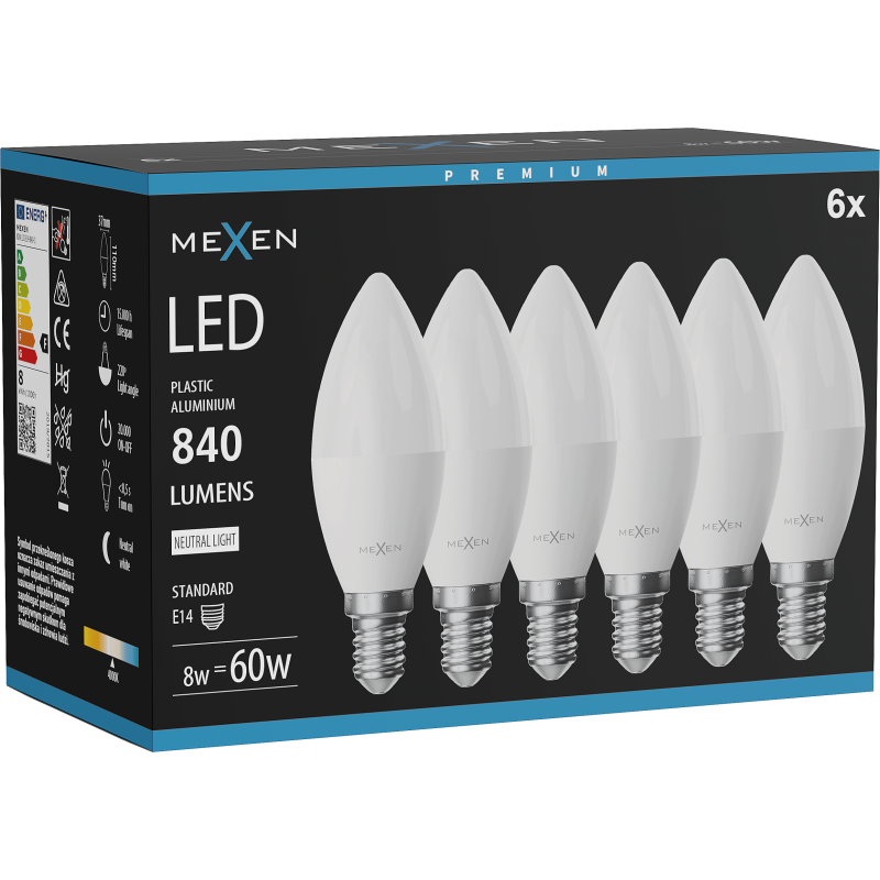 Mexen Nova 6x żarówka LED E14, C37, 8W, Neutralna - 4000K, 840 lm - L102-E14-0840-01x06