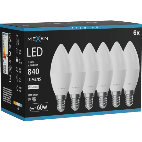 Mexen Nova 6x LED spuldze E14, C37, 8W, Neitrāla - 4000K, 840 lm - L102-E14-0840-01x06