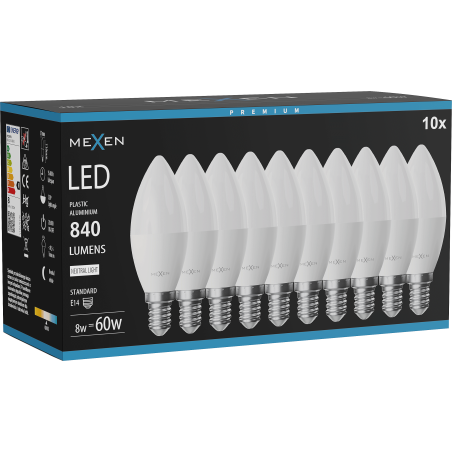 Mexen Nova 10x LED-Glühbirne E14, C37, 8W, Neutral - 4000K, 840 lm - L102-E14-0840-01x10
