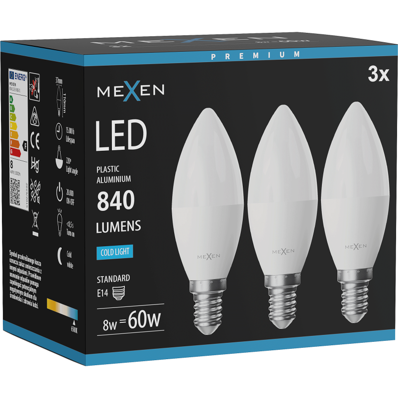 Mexen Nova 3x żarówka LED E14, C37, 8W, Zimna - 6500K, 840 lm - L102-E14-0865-01x03