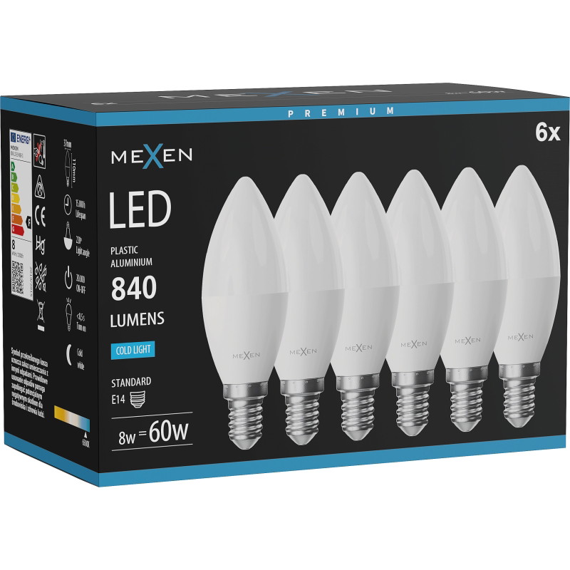 Mexen Nova 6x Bombilla LED E14, C37, 8W, Fría - 6500K, 840 lm - L102-E14-0865-01x06