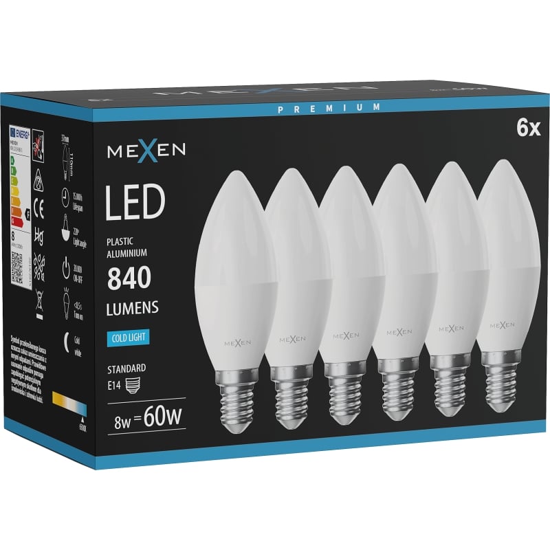Mexen Nova 6x LED pirn E14, C37, 8W, Külm - 6500K, 840 lm - L102-E14-0865-01x06