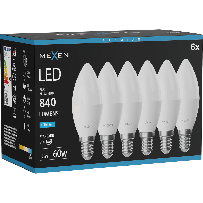 Mexen Nova 6x żarówka LED E14, C37, 8W, Zimna - 6500K, 840 lm - L102-E14-0865-01x06