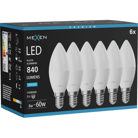 Mexen Nova 6x LED-lamp E14, C37, 8W, Koud - 6500K, 840 lm - L102-E14-0865-01x06