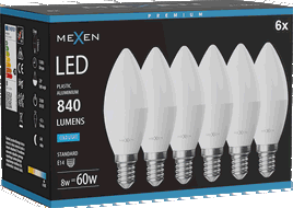 Mexen Nova 6x LED spuldze E14, C37, 8W, Auksts - 6500K, 840 lm - L102-E14-0865-01x06