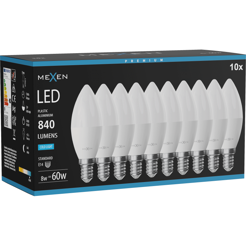 Mexen Nova 10x LED-lamppu E14, C37, 8W, Kylmä - 6500K, 840 lm - L102-E14-0865-01x10