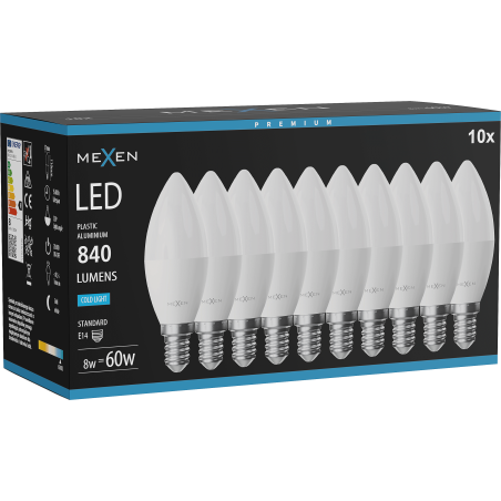 Mexen Nova 10x LED-lampa E14, C37, 8W, Kall - 6500K, 840 lm - L102-E14-0865-01x10
