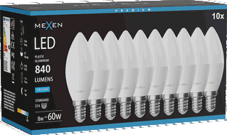 Mexen Nova 10x LED žarnica E14, C37, 8W, Hladna - 6500K, 840 lm - L102-E14-0865-01x10
