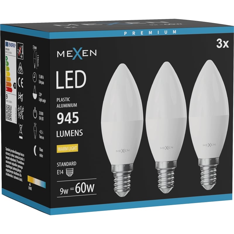 Mexen Nova 3x Bombilla LED E14, C37, 9W, Cálida - 3000K, 945 lm - L102-E14-0930-01x03