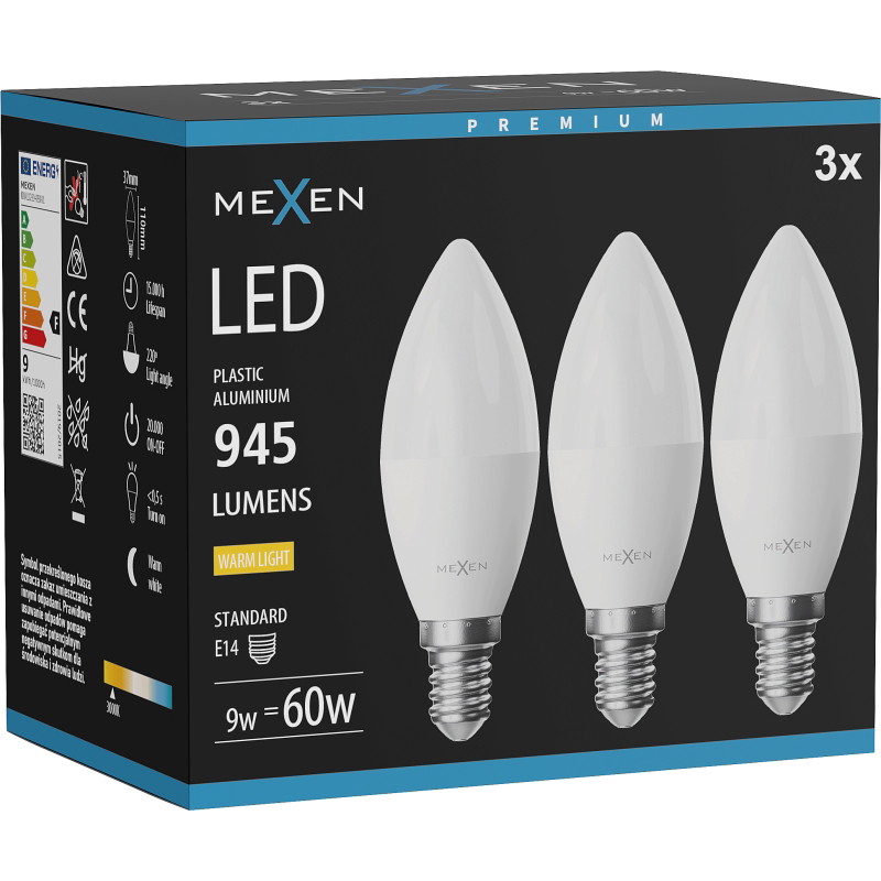 Mexen Nova 3x LED-lampa E14, C37, 9W, Varm - 3000K, 945 lm - L102-E14-0930-01x03