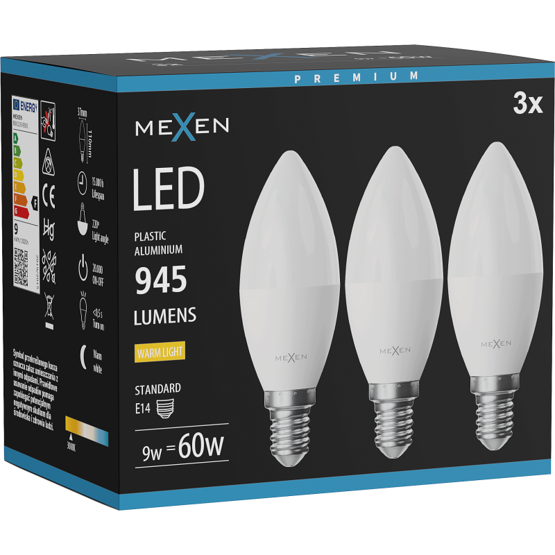 Mexen Nova 3x żarówka LED E14, C37, 9W, Ciepła - 3000K, 945 lm - L102-E14-0930-01x03