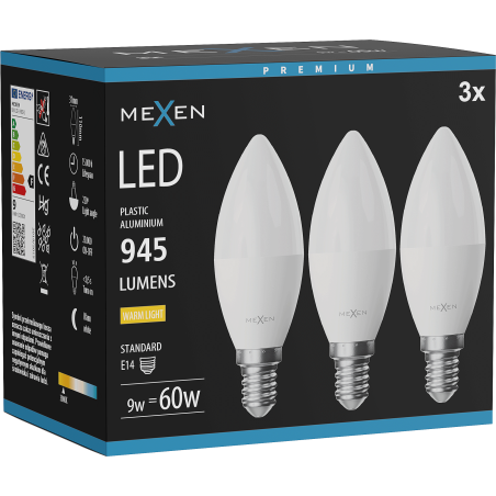 Mexen Nova 3x żarówka LED E14, C37, 9W, Ciepła - 3000K, 945 lm - L102-E14-0930-01x03