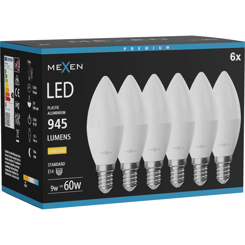 Mexen Nova 6x LED Glühbir Leuchtestoff E14, C37, 9W, Warm - 3000K, 945 lm - L102-E14-0930-01x06