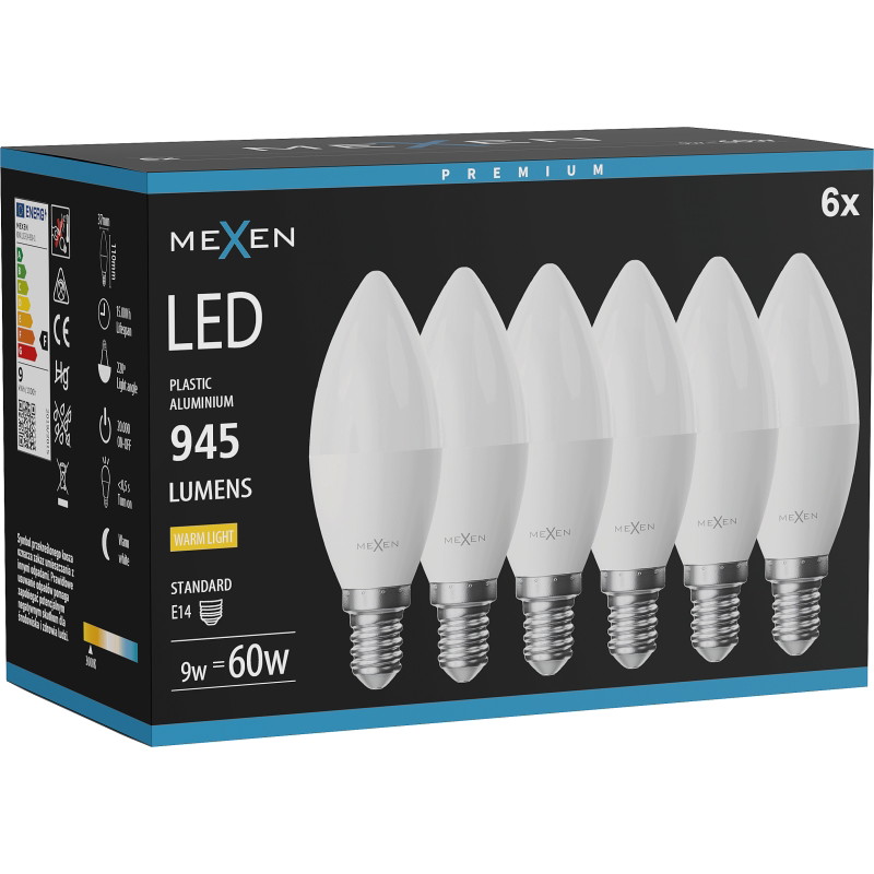 Mexen Nova 6x LED-lampa E14, C37, 9W, Varm - 3000K, 945 lm - L102-E14-0930-01x06