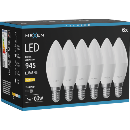 Mexen Nova 6x LED-Glühbirne E14, C37, 9W, Warm - 3000K, 945 lm - L102-E14-0930-01x06