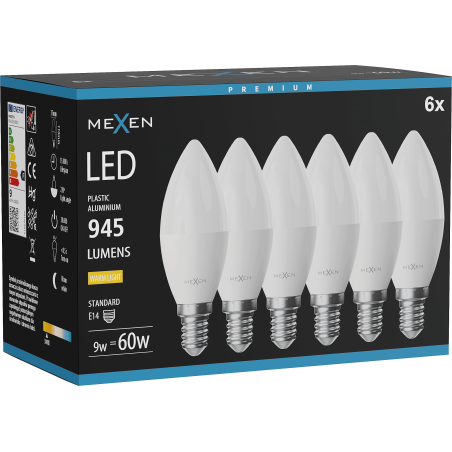 Mexen Nova 6x LED-lampa E14, C37, 9W, Varm - 3000K, 945 lm - L102-E14-0930-01x06