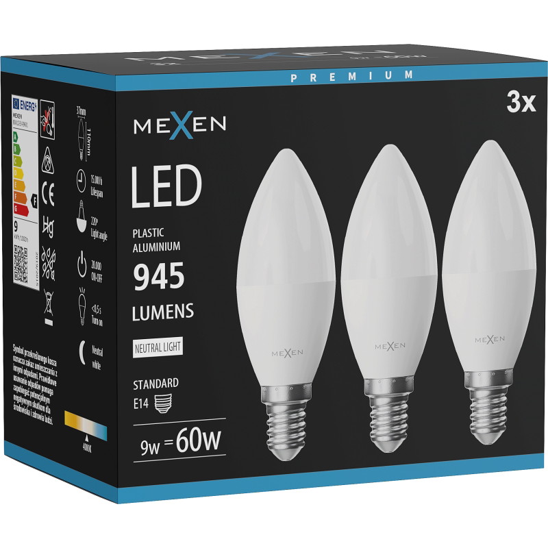 Mexen Nova 3x Bombilla LED E14, C37, 9W, Neutra - 4000K, 945 lm - L102-E14-0940-01x03
