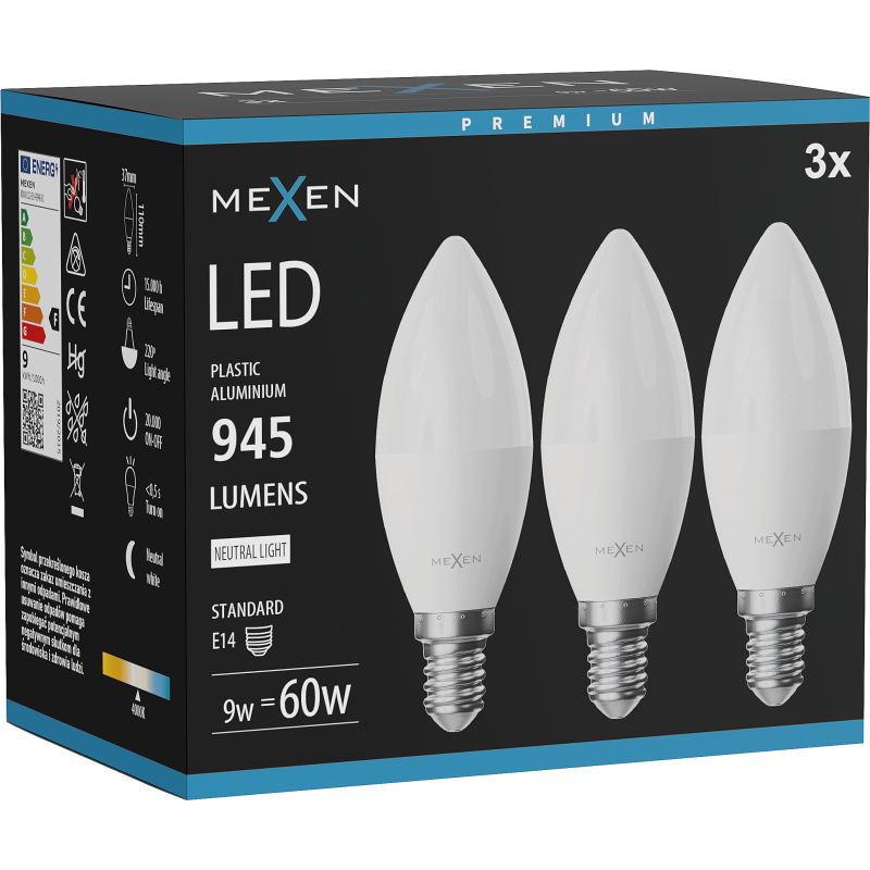 Mexen Nova 3x LED žarnica E14, C37, 9W, Nevtralna - 4000K, 945 lm - L102-E14-0940-01x03