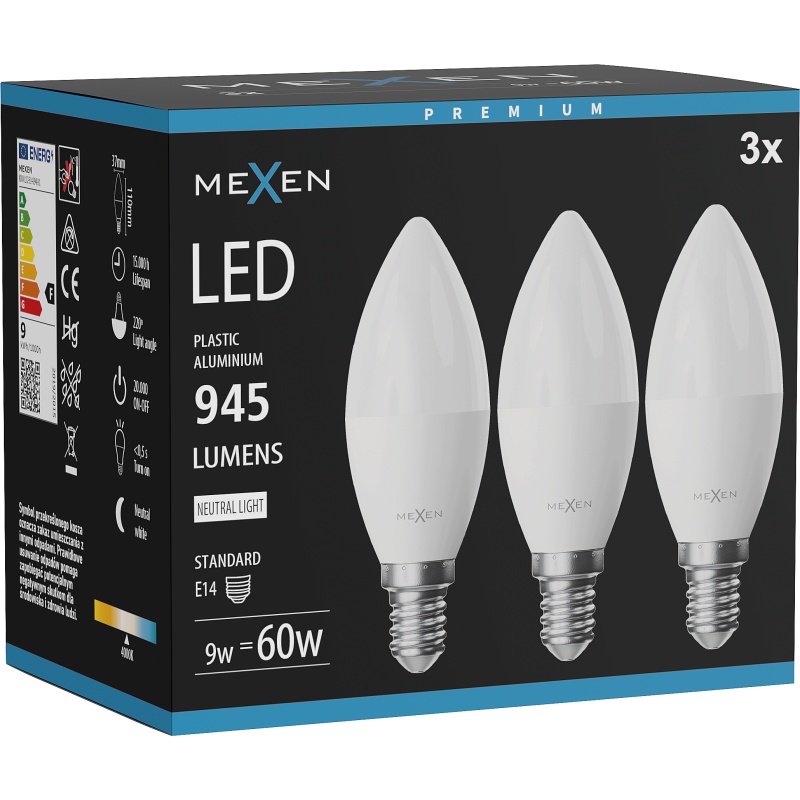 Mexen Nova 3x żarówka LED E14, C37, 9W, Neutralna - 4000K, 945 lm - L102-E14-0940-01x03