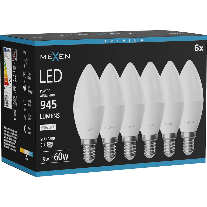 Mexen Nova 6x LED-lamp E14, C37, 9W, Neutraal - 4000K, 945 lm - L102-E14-0940-01x06